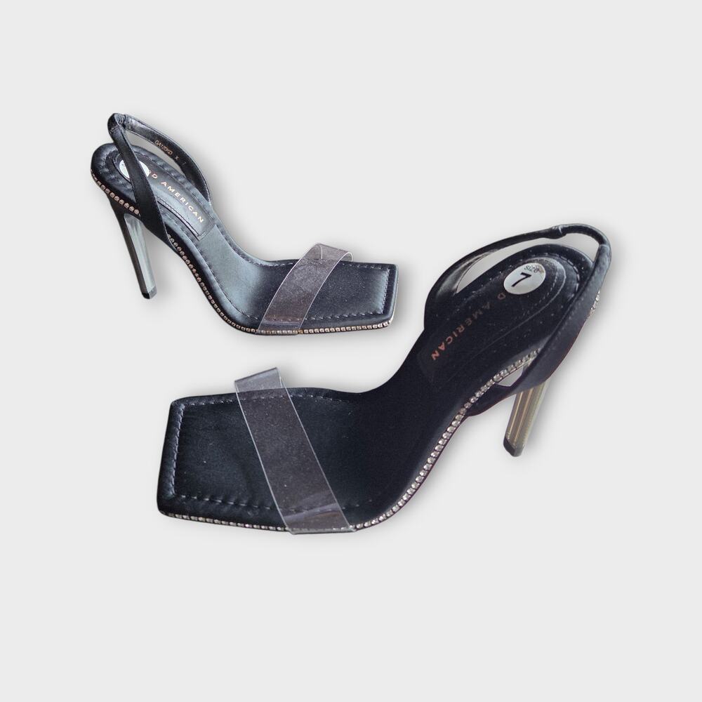 Good American Crystal Crush Black Lucite Rhinestone Slingback Heels Womens 7